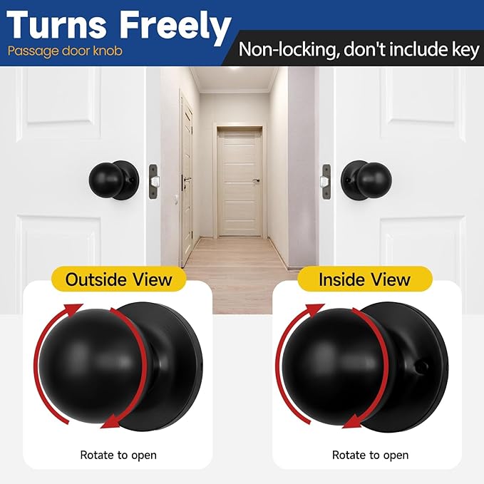 Passage Door Knob - Closet Door Knobs, Keyless Doorknob Interior Door Knob Without Lock for Hallway, Matte Black