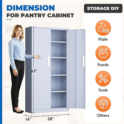 INTERGRAET 63" Pantry Cabinet, Kitchen Pantry Storage Cabinets with 2 Doors and 4 Shelves,Cement Gray Metal Storage Cabinet,Cupboard for Home,Kitchen,Living Room/Dining