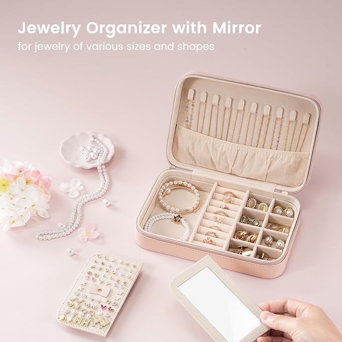 Lolalet Travel Jewelry Case for Women Girls, Travel Jewelry Organizer Box with Mirror & Clear Storage Bag, Small Portable Earring Necklace Bracelet Ring Case, Birthday Valentine Gifts -Medium, Pink