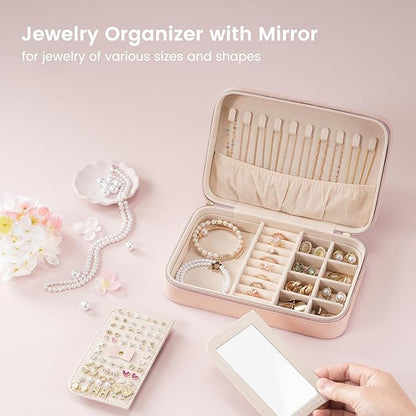 Lolalet Travel Jewelry Case for Women Girls, Travel Jewelry Organizer Box with Mirror & Clear Storage Bag, Small Portable Earring Necklace Bracelet Ring Case, Birthday Valentine Gifts -Medium, Pink