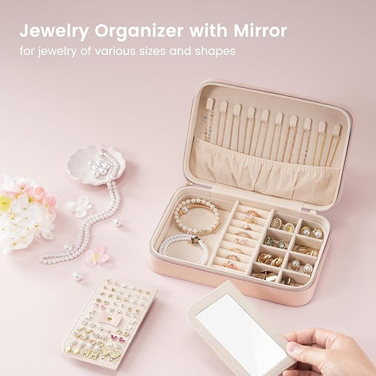 Lolalet Travel Jewelry Case for Women Girls, Travel Jewelry Organizer Box with Mirror & Clear Storage Bag, Small Portable Earring Necklace Bracelet Ring Case, Birthday Valentine Gifts -Medium, Pink