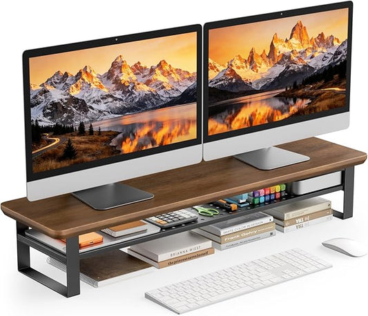 Dual Monitor Stand, 35.4 Inch Monitor Stand Riser for 2 Monitors, 2 Tiers Wood Desk Shelf with Storage, Desktop Organizer Stand for Computer, Laptop, Printer, TV (Black Walnut, 35.4in)