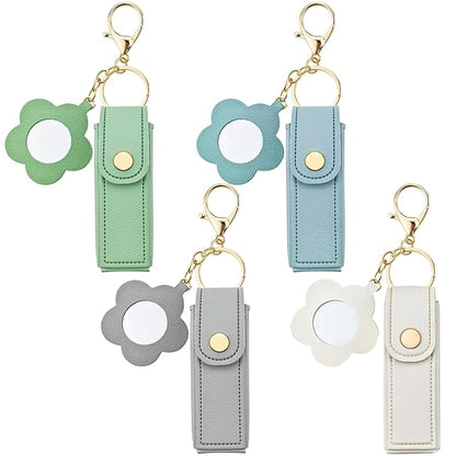 4 PACK PU Leather Potable Chapstick Holder Key Chain Bulk with Mirror, Lipstick Keychain, Lip Balm Organizer Holder Lipstick Travel Makeup Storage Case for Women Girls (Style 5)