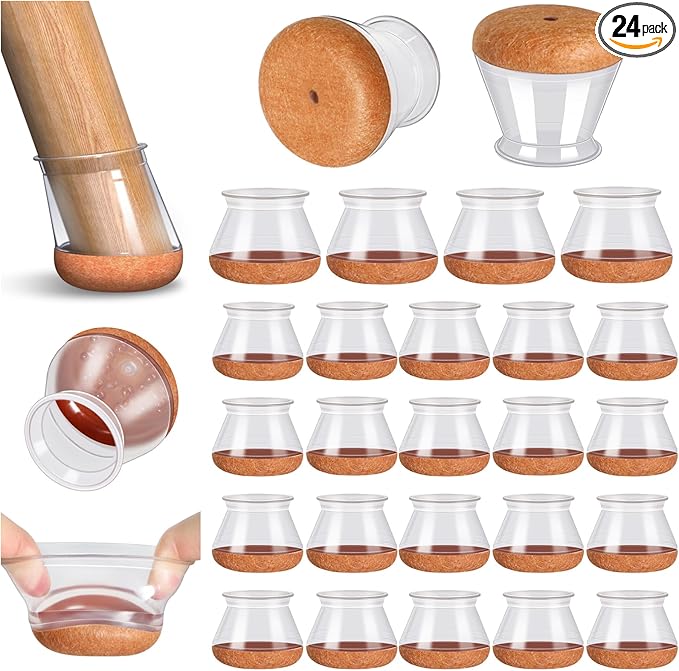 24 Pcs Chair Leg Floor Protectors PISAO, Silicone Chair Leg Protectors Caps Covers for Hardwood Floors, Furniture Pads Sliders with Wrapped Felt Bottom Large (Fit:1.19"-1.57")