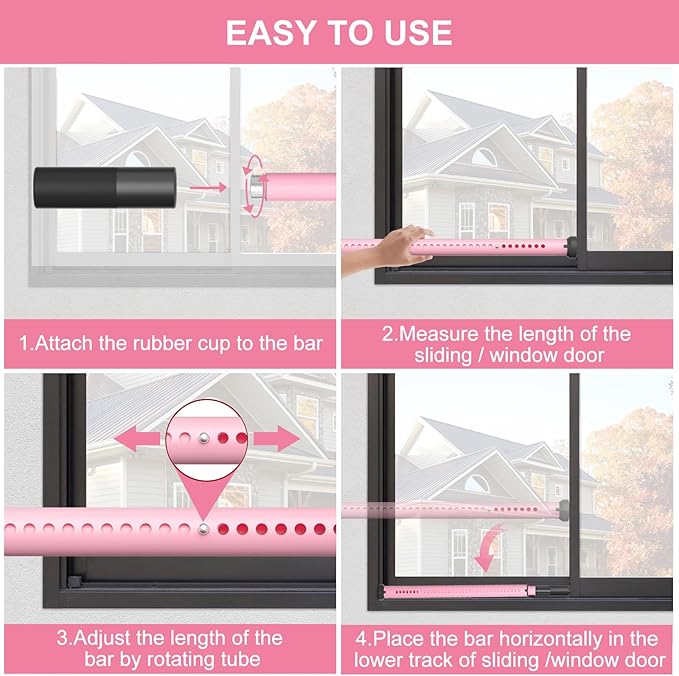 AceMining Sliding Door Security Bar,Heavy Duty Sliding Patio Door Lock Bar, 20-50inch Adjustable Multi-use Window Security Bars, Sliding Door Stopper,Pink,1Pack