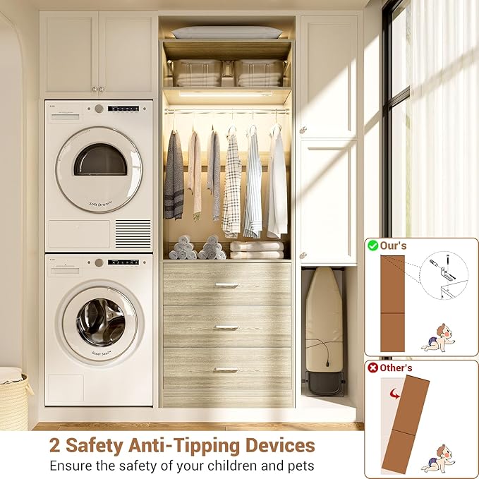 8FT Closet System with 4 Motion Sensor LED Lights, 96" Closet Systems with 12 Drawers, Closet Organizer System with 4 Hanging Rods & 4 Shelves, Heavy Duty 96 Inch Walk-in Closet, White Oak