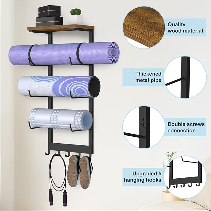 Yoga Mat Holder Wall Mount, Yoga Mats Storage Rack, Home Gym Wall Organizer Holder with Wood Floating Shelf and 5 Hooks, Storage Rack for Hanging Foam Roller/Band/Workout Equipment, Black