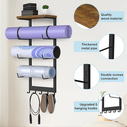 Yoga Mat Holder Wall Mount, Yoga Mats Storage Rack, Home Gym Wall Organizer Holder with Wood Floating Shelf and 5 Hooks, Storage Rack for Hanging Foam Roller/Band/Workout Equipment, Black
