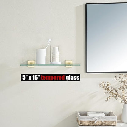 JQK Bathroom Glass Shelf, Floating Tempered Glass Shower Storage 16 by 5 inches, 304 Stainless Steel Brushed Gold Wall Mount, TGS201L16-BG