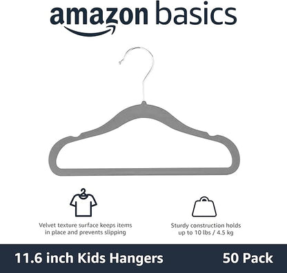 Amazon Basics Kids Velvet, Non-Slip Clothes Hangers for Infant and Toddler, 11.6 inches (for Baby Clothes), Gray (Pack of 4)