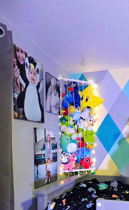 Corner Stuffed Animal Storage Net - Stuffed Animals Holder with Lights - Plush Organizer Hanging Stuffed Animal Hammock for Wall (White)