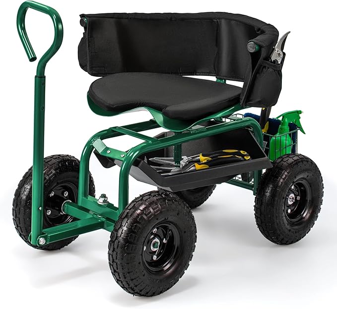 Giantex Rolling Garden Cart, 360 Swivel Workseat with 4 Wheels, Removal Cushion & Tool Tray, Storage Basket, Gardening Wagon Scooter with Adjustable Height, Handle (Green)
