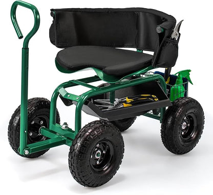 Giantex Rolling Garden Cart, 360 Swivel Workseat with 4 Wheels, Removal Cushion & Tool Tray, Storage Basket, Gardening Wagon Scooter with Adjustable Height, Handle (Green)