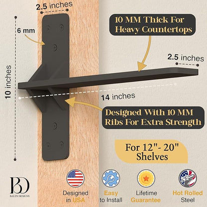 14 inch Floating Countertop Support Brackets by Balin Designs, Free hanging Floating Shelf Brackets Heavy Duty, Invisible Wall Shower Bench T Support for Vanities, Granite Countertops, (2 pack)