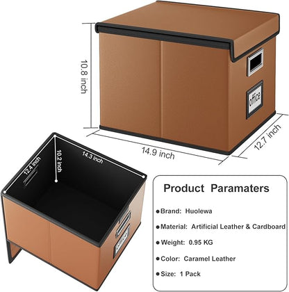 Huolewa Faux Leather File Organizer Box with Lid, Collapsible Hanging File Folder Box Organizer with Plastic Slides, Decorative Home/Office Filing System Boxes for File and Folder Storage