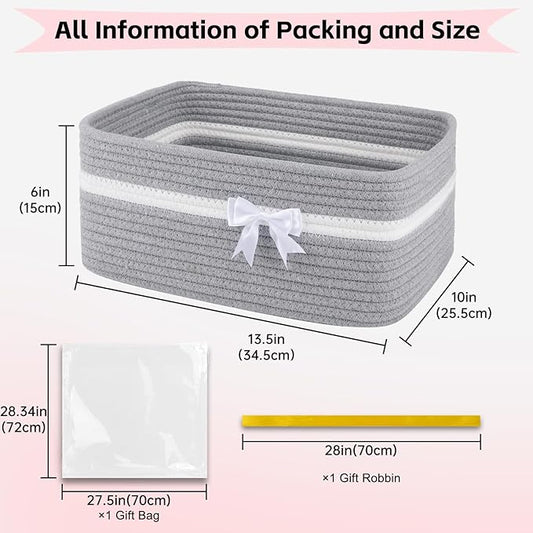 OIAHOMY Large Woven Storage Basket with Handles for Nursery Living Room Shelves, Bow Basket for Gifts Empty with Gift Bags and Ribbons for Baby Showers Pet Toy Bin - Grey