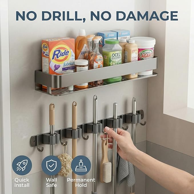 Wall Mount Organizer with Heavy-Duty Hooks and Sturdy Shelf - Holds Brooms, Mops, Vacuums & Cleaning Supplies. Perfect for Laundry Room Organization, Garage Storage, and Closet Shelving（24 inches）