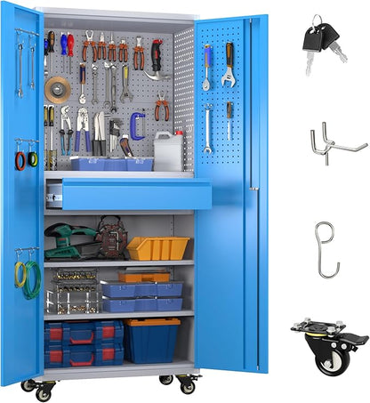 71" H Metal Garage Storage Cabinet with Wheels and Doors,Rolling Tool Cabinet with Pegboard,Rod and Drawer for Garage Warehouse Home,Required Assembly,Grey and Blue