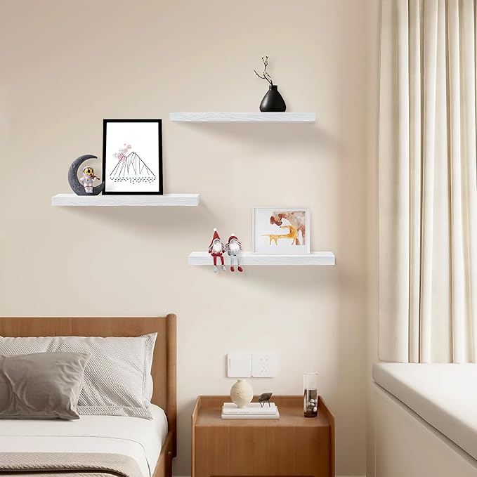 White Floating Shelves for Wall Set of 3, 16" White Shelves for Home Decor, Frame Display Wall Mounted Floating Shelf for Living Room, Bedroom, Bathroom, Kitchen