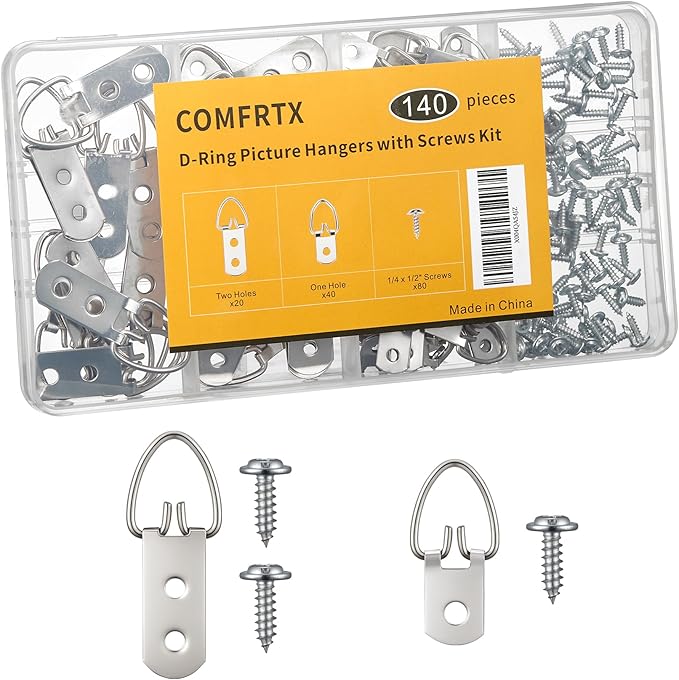 (2 Sizes, 140PCS) D-Ring Picture Hangers with Screws Kit – 40 Single Hole & 20 Double Hole Hangers with 80 Screws | Heavy Duty Wall Hooks for Frames Mirrors Canvas and Picture Hanging Hardware