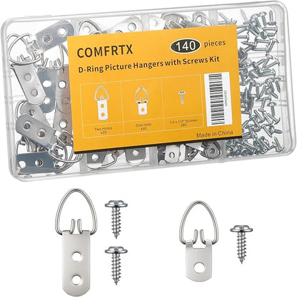 (2 Sizes, 140PCS) D-Ring Picture Hangers with Screws Kit – 40 Single Hole & 20 Double Hole Hangers with 80 Screws | Heavy Duty Wall Hooks for Frames Mirrors Canvas and Picture Hanging Hardware
