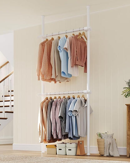 Floor to Ceiling Clothes Rack, Heavy-Duty Telescopic Garment Rack, 43–122in Height & 30–47in Width, 220lbs Total Load Capacity, 4-Pole, White