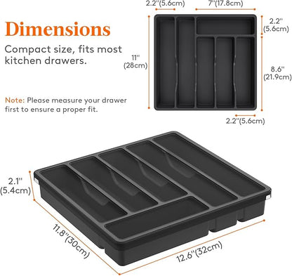 Lifewit Silverware Organizer with Lid, Covered Utensil Tray for Kitchen Drawer and Countertop, Plastic Cutlery and Flatware Storage Box for Spoons Forks Knives Holder Case, 12.6x11.8", Black