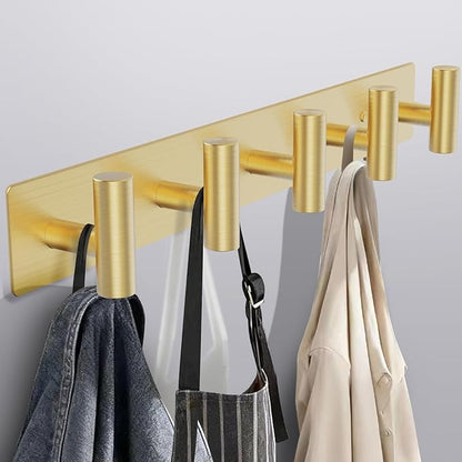 Coat Rack Wall Mount - 5 Hat and Coat Hooks, Heavy Duty Towel Racks for Bathroom Entryway, Wall Hooks for Hanging Robes Bags, Hat Rack Key Hanger Organizer (Gold)