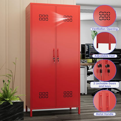 Aobabo Metal Wardrobe Closet with 2 Doors, Metal Wardrobe Cabinet with 4 Adjustable Shelves and 2 Hannging Rods, Storage Locker for Home, Red, Assembly Required