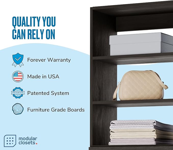 Closet Shelves Tower - Modular Closet System with Drawers (2) - Corner Closet System - Closet Organizers and Storage Shelves (Grey, 19.5 inches Wide) Closet Shelving