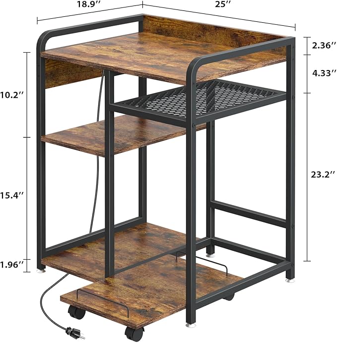 Livofloral Large Printer Stand for Home Office, 23.6 x 18.9 Inch Printer Stand with Power Outlet USB Port, Printer Table with Storage Shelf, Printer Shredder Stand with Wheels, Rustic Brown