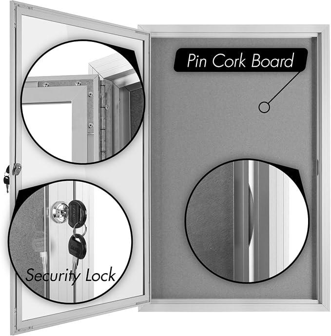 INNOVART Enclosed Bulletin Board 36” x 24”, Lockable Fabric Noticeboard with Aluminum Frame, Wall Display Case with Swing-Open Door Grey Felt, Information Cabinet for School, Office, Commercial, etc