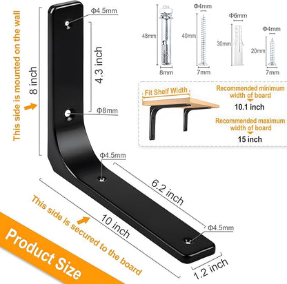 10" x 8" Metal Shelf Brackets, Heavy Duty L Hanging Angle Brackets, Iron Wall Bracket for Countertop Support, Corner Brace Joint, Black, 4 PCS
