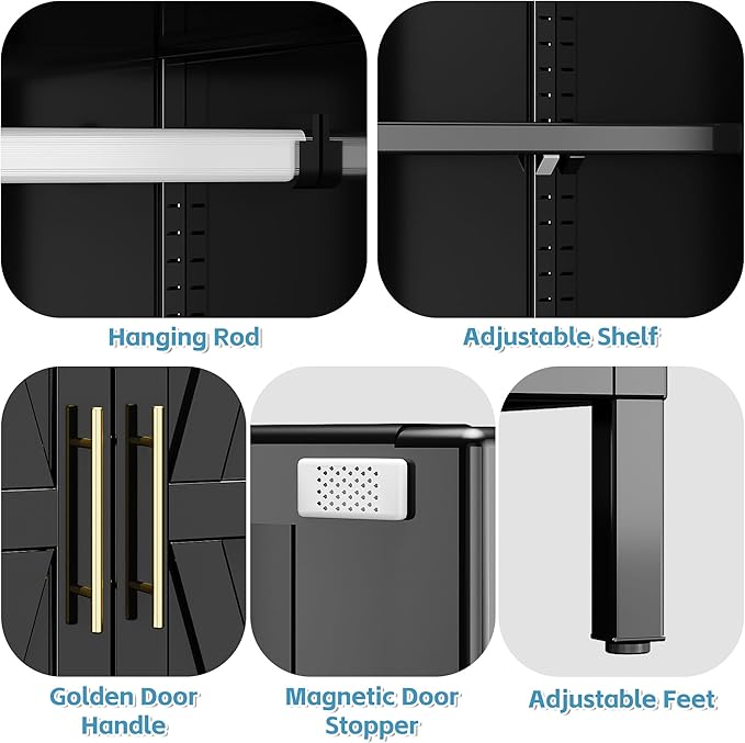 Aobabo Metal Wardrobe Cabinet with 1 Drawer, 71" H Metal Wardrobe Closet with 1 Adjustable Shelf and Hanging Rod for Home, Laundry Room, Bedroom, Black,Installation Required,