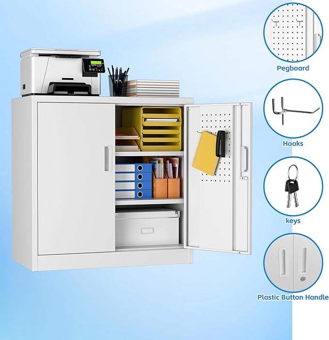 Metal Garage Storage Cabinet with Lock and Pegboard, Steel File Cabinets with 2 Lockable Doors and 2 Adjustable Shelves for Home, School, Office, Garage, Assembly Required, White