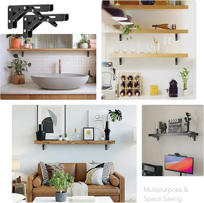 JOY DECOR 6 Inch Heavy Duty Folding Shelf Brackets, 2 Pack (1 Pair) Collapsible Wall Mounted Brackets for Fold Down Table, Stainless Steel Folding Table Hinge, Matte Black