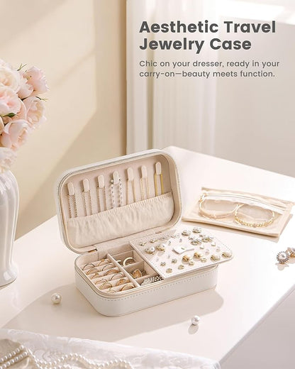 Lolalet Travel Jewelry Case for Women Girls, Travel Jewelry Organizer with Clear Storage Bag Small Portable Jewelry Box for Necklace Bracelet Earring Ring Birthday Bridesmaid Gifts -Medium/Beige