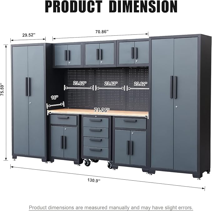 Garage Storage Cabinet System 9-Pcs Workshop Set Garage Cabinets and Storage System with Steel Drawers, Rolling Chest, Workbench, Pegboard for Tool Organization
