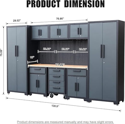 Garage Storage Cabinet System 9-Pcs Workshop Set Garage Cabinets and Storage System with Steel Drawers, Rolling Chest, Workbench, Pegboard for Tool Organization