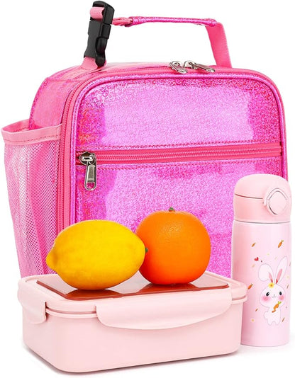 FlowFly Kids Lunch box Insulated Soft Bag Mini Cooler Back to School Thermal Meal Tote Kit for Girls, Boys, PU Pink