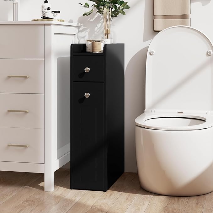 Tangkula Slim Bathroom Storage Cabinet, 4-Tier Narrow Small Side Storage Cabinet Next to Toilet, Slide Out Drawers on Casters, Bathroom Floor Organizer Toilet Paper Holder for Small Spaces (Black)