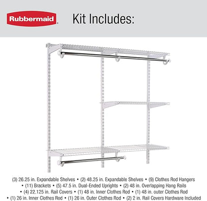 Rubbermaid Configurations Custom Closet Kit 4-8 Ft. Adjustable Metal Wire Shelving White Finish Expandable Organization System Hardware Included for Home Closet/Pantry/Laundry/Mudroom