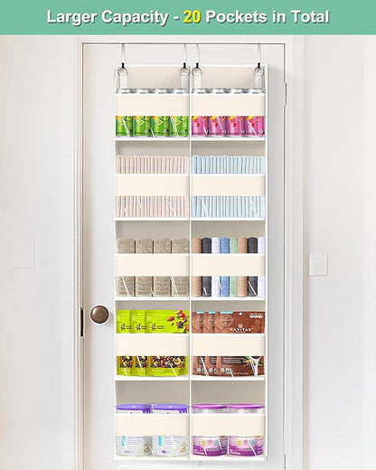 Heavy Duty Over The Door Organizer 5 Tiers, Extra Large Behind Door Storage of 10 Big Front & 10 Mesh Pockets, 80lb Weight Capacity, Hanging Doors Storage Organizer for Closet Bedroom Nursery, Beige