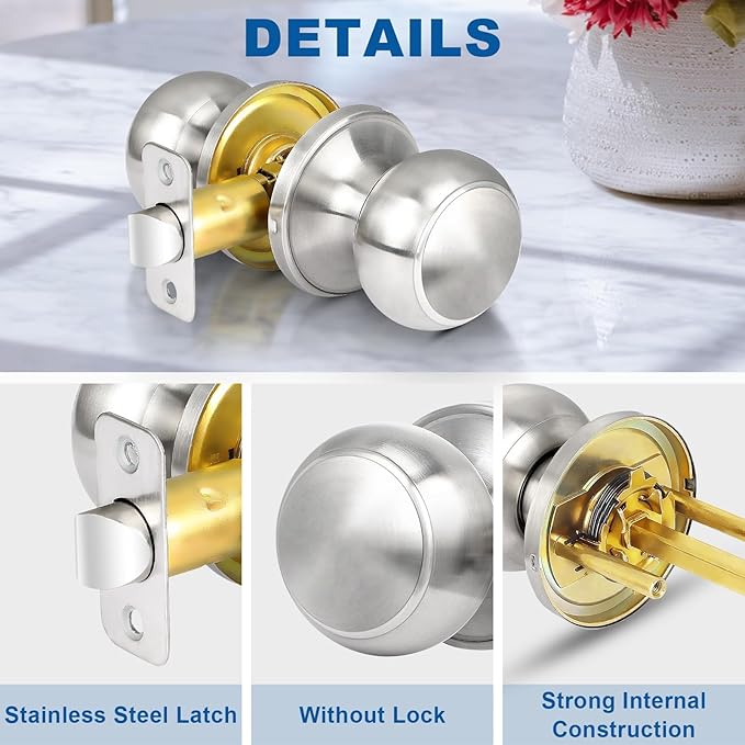 Sopoby Brushed Nickel Door Knob, 6 Pack Round Keyless Doorknobs Interior/Exterior Lockset, Passage Locking Door Knobs for Bedroom/Bathroom, Modern Design Door Hardware