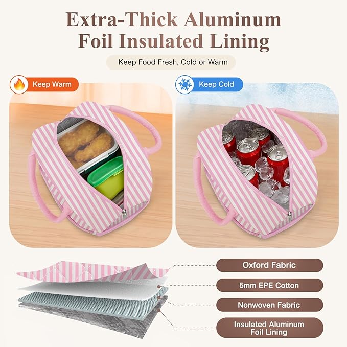 Lunch Box for Women Adult Men, Cute Insulated Lunch Bag Women Quilted Reusable Large Lunch Boxes Tote Bag Leakproof Simple Thermal Cooler Bag for Work Office Picnic