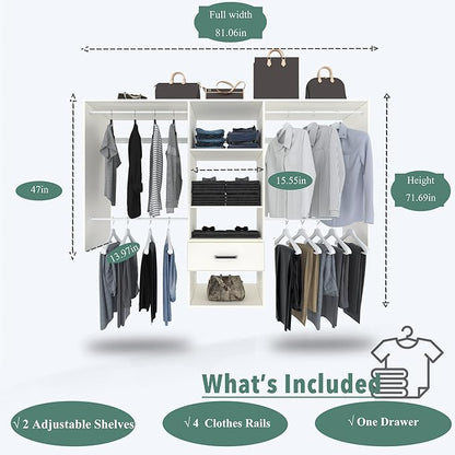 Wall Mounted Closet System, with Hanging Rod and All Hardware Kits, Large Garment Rack Shelves and One Drawer, Need to be Assembled, MDF with White Color for Bedroom and Closet