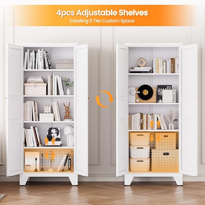 72" Tall Kitchen Cabinet Storage Unit With 2 Doors and 4 Adjustable Shelve, Metal White Freestanding Cupboard, 5 Tier Kitchen Pantry Storage Cabinet for Kitchen Dining/Living Room/Garage/Home/Office