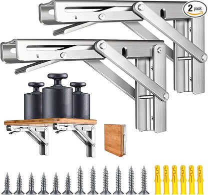2 Pack 10'' Folding Shelf Brackets Max. Load 580 lb, Heavy Duty Stainless Steel DIY Wall Mounted Shelf Bracket Space Saving for Table Work Bench