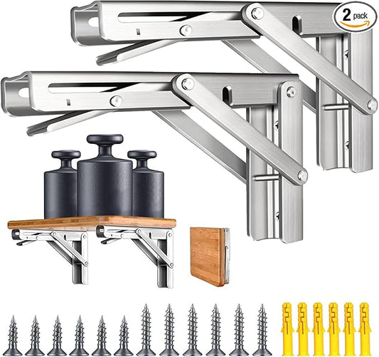 2 Pack 10'' Folding Shelf Brackets Max. Load 580 lb, Heavy Duty Stainless Steel DIY Wall Mounted Shelf Bracket Space Saving for Table Work Bench