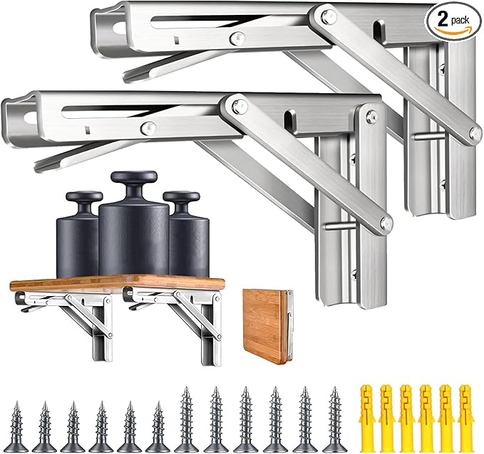 16'' Folding Shelf Brackets Max. Load 580 lb, Heavy Duty Stainless Steel DIY Wall Mounted Shelf Bracket Space Saving for Table Work Bench, 2 Pack